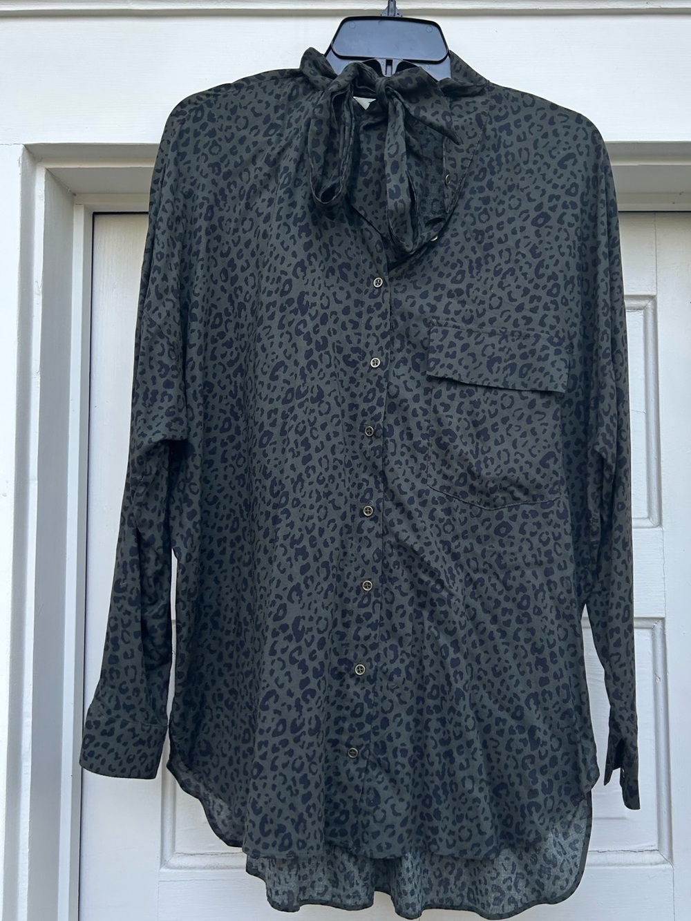 Zara Olive Green Leopard Print Bow Blouse